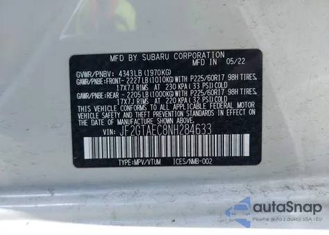 2022 Subaru Crosstrek Premium z USA, uszkodzony, nr VIN JF2GTAEC8NH284633